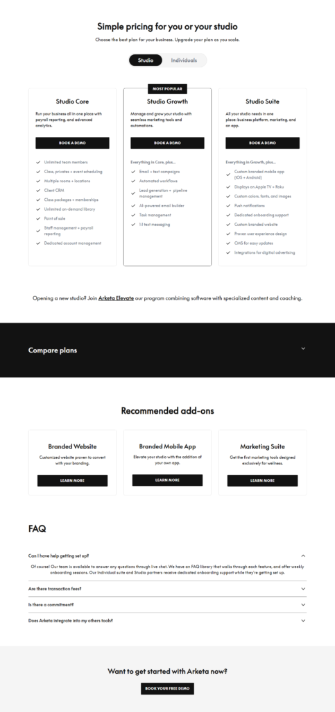 Pricing Page @Arketa