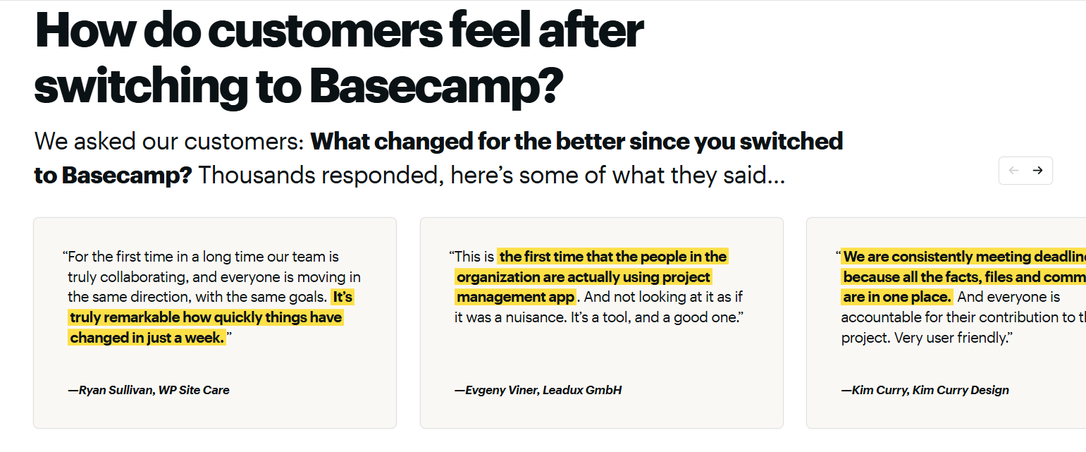 Testimonials Section @Basecamp