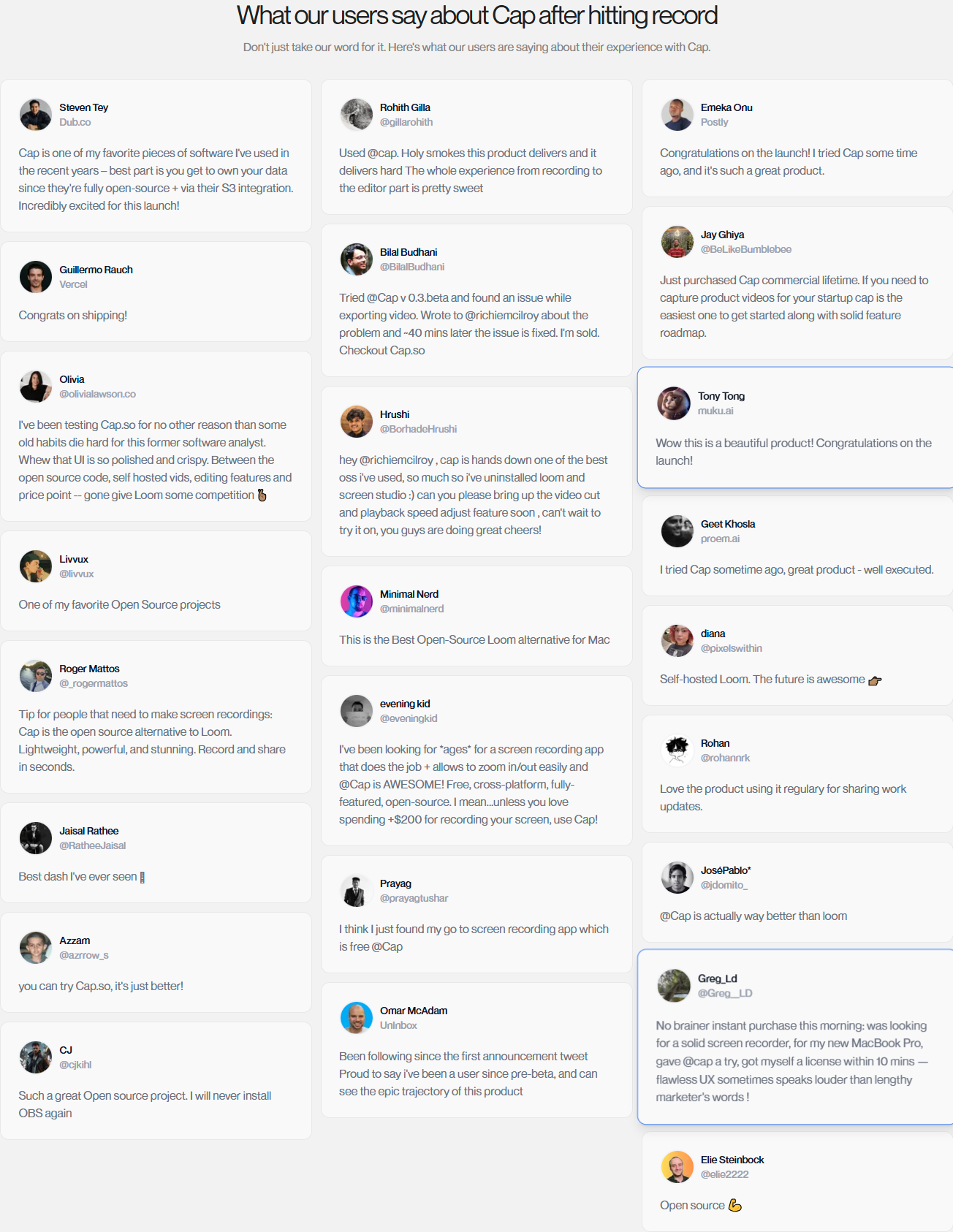 Testimonials Section @Cap.so