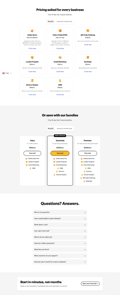 Pricing Page @Cococart