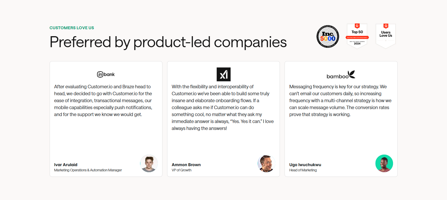 Testimonials Section @Customer.io