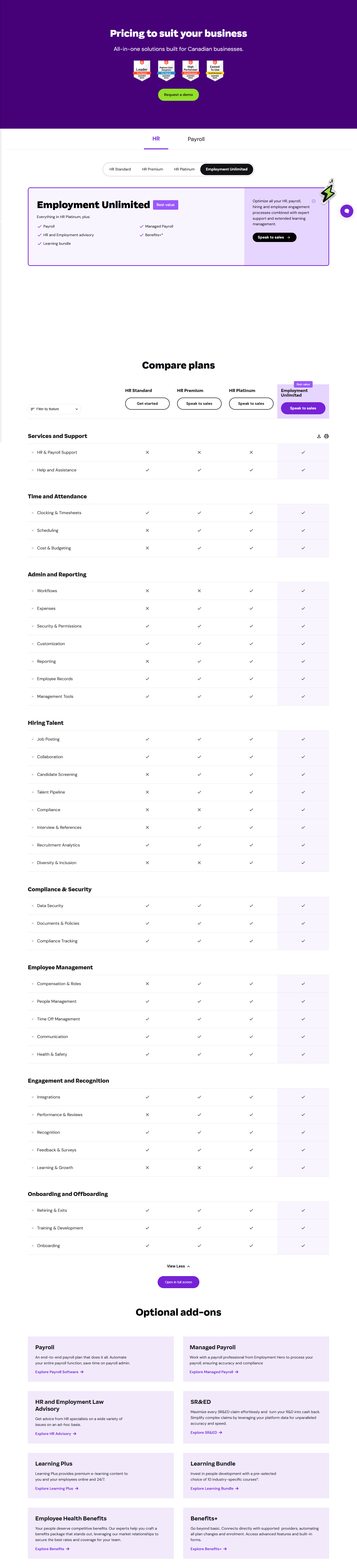 Pricing Page @Employment Hero