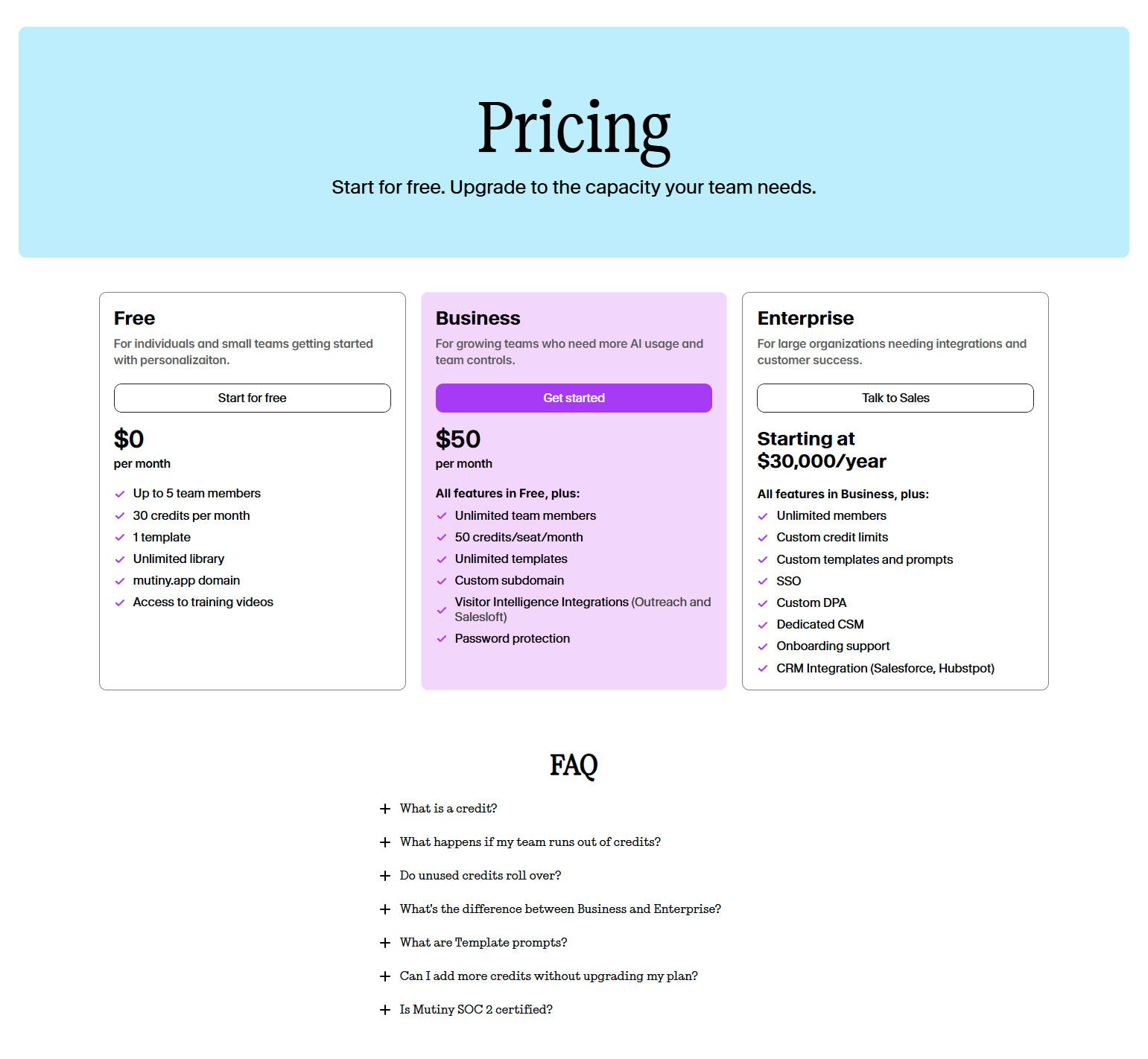 Pricing Page @Mutiny