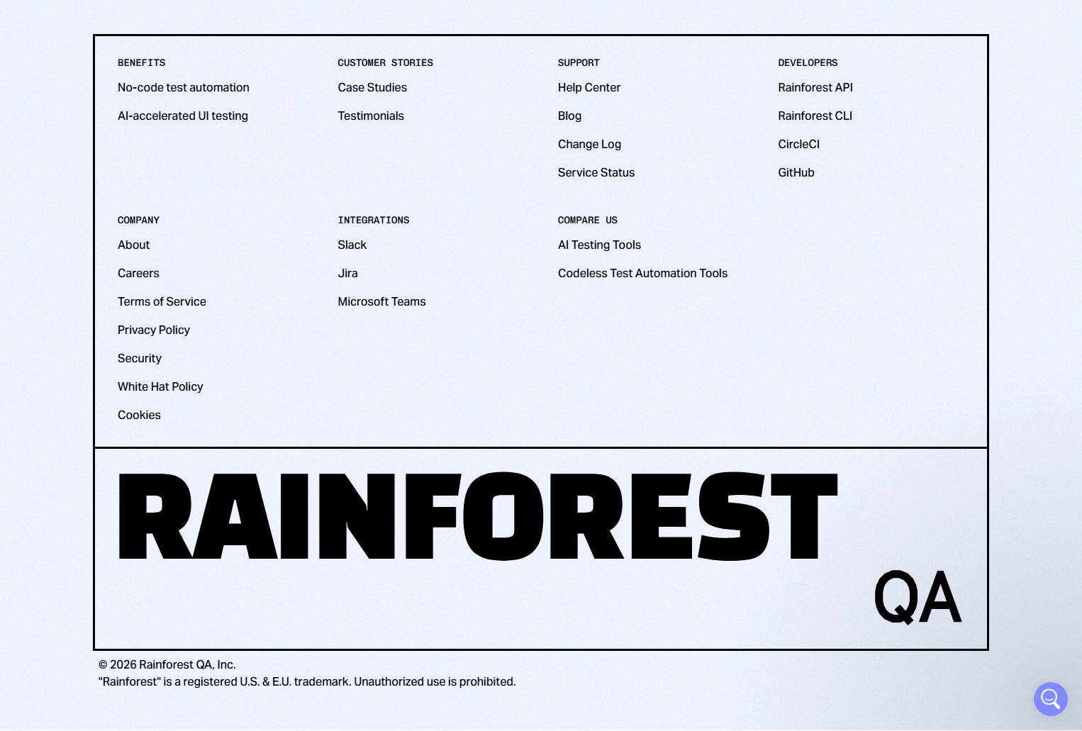 Footer @Rainforest QA