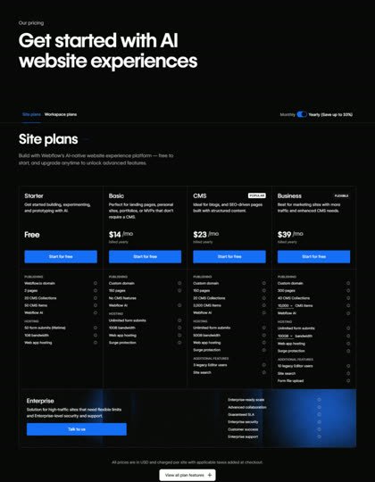 Webflow pricing page
