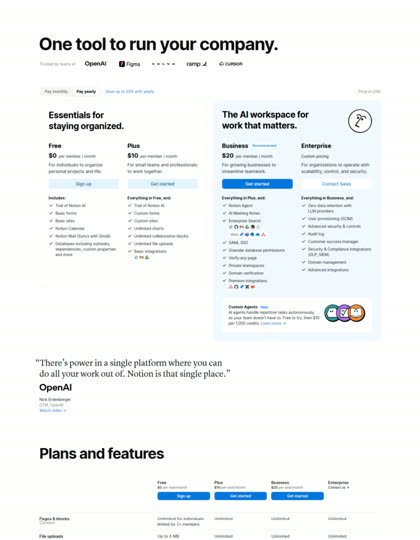 Notion pricing page