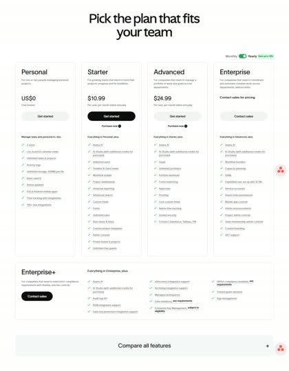 Asana pricing page
