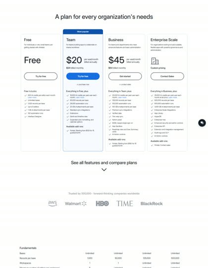 Airtable pricing page